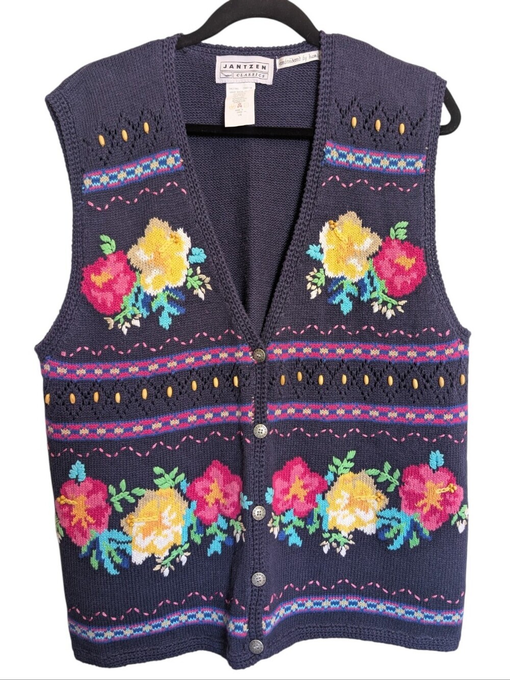 Vintage Jantzen Crocheted Sweater Vest Embroidered Floral Beaded Blue Pink Sz L